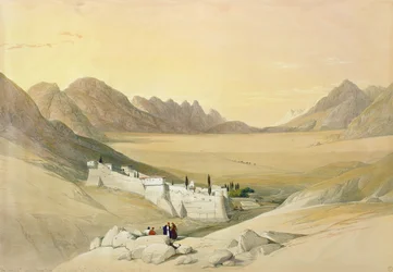 Klostret St. Catherine, Mount Sinai, med utsikt mot lägrets slätt, 21 februari 1839, skylt 116 från volym III av "Det heliga landet", graverad av puben Louis Haghe (1806-85). 1849 (l